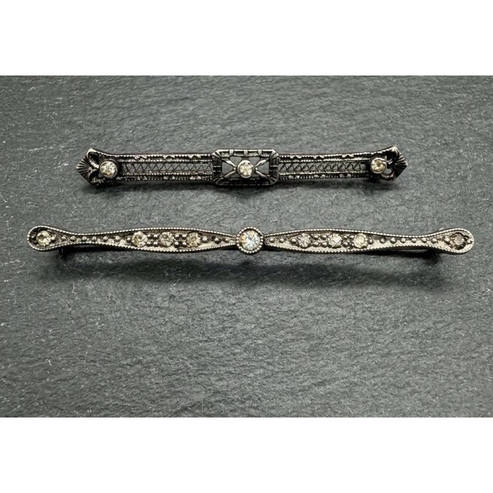 Pair of Antique Sterling Silver Filigree Bar Pin Brooches Art Deco Edwardian Pin